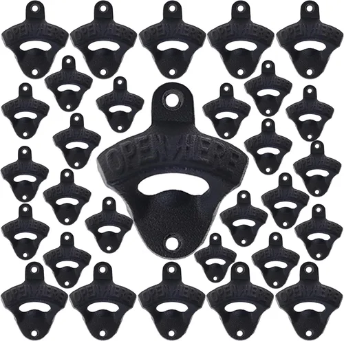 Miniatura 8 de Abridor de botellas de hierro fundido negro montado en la pared con tornillos montables para mesa de poste enfriador de madera (paquete de 3)