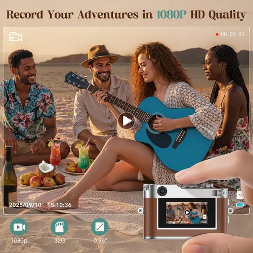 Miniatura 3 de HOTU Mini cámara digital, llavero 1080P HD con lente de 2MP, flash, grabación de video, tarjeta 32G incluida, cámara retro portátil y compacta
