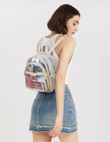 Miniatura 14 de Missnine Mochila transparente aprobada para estadios, mini bolsa transparente de PVC grueso con ribete de cuero para eventos deportivos, conciertos