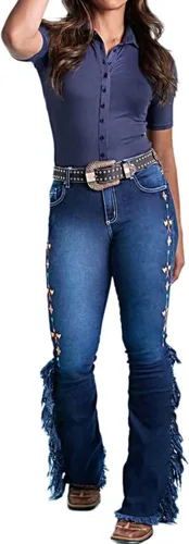 Miniatura 4 de Flamingals Jeans de corte de bota con dobladillo sin procesar con flecos laterales bordados para mujer, sin cinturón, pantalones casuales