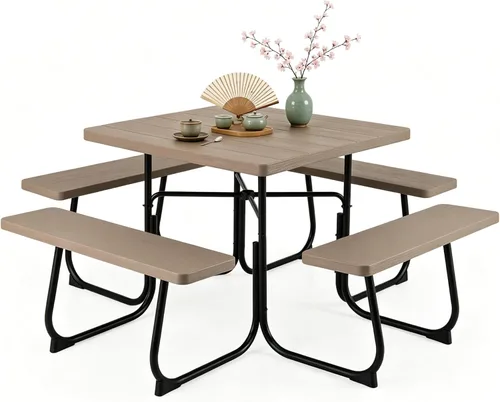 Miniatura 14 de Tangkula Mesa de picnic para 8 personas, mesa de picnic cuadrada al aire libre con 4 bancos integrados, agujero para paraguas, marco de metal y mesa