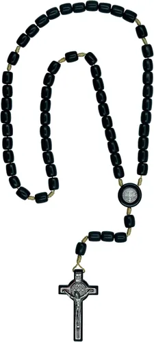 Catholica Shop Collar de cruz de plata con cuentas de madera Rosario I Religious Wear Saint Benedict I Collar de cruz negra para hombres y mujeres I