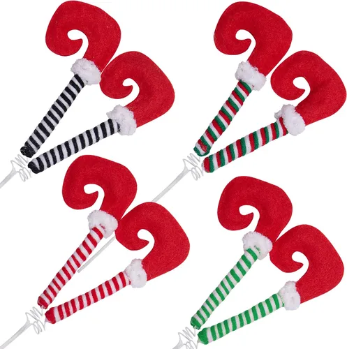 4 púas de patas de elfo de Navidad, adornos de árbol con alambre fijo, púas de felpa a rayas para patas de árbol de Navidad, fiesta de árbol de
