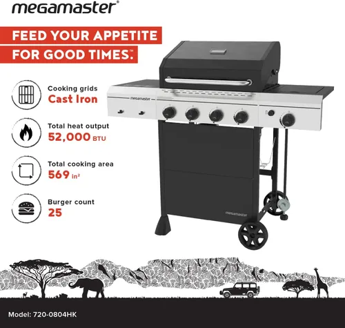 Miniatura 2 de Megamaster - Parrilla de gas de 4 quemadores con quemador lateral y cubierta de parrilla, 52,000 BTUs, área de cocción de 568 pulgadas cuadradas