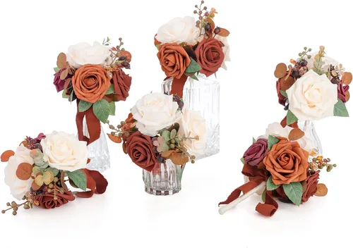 Miniatura 9 de Ling's moment Juego de 6 mini ramos de flores de boda color burdeos y negras para dama de honor, prefabricados, pequeños, florales, granate