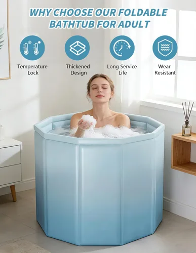 Miniatura 6 de Bañera portátil para adultos, bañera plegable independiente para ducha, bañera de hielo caliente con espuma térmica gruesa para mantener la Azul