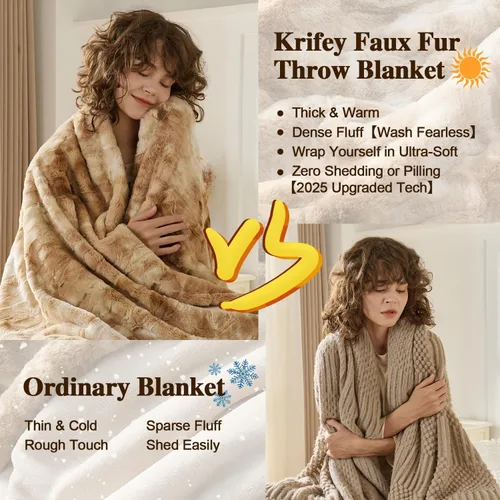 Miniatura 4 de Krifey Manta de piel sintética de gran tamaño, súper suave y acogedora, manta mullida de lujo para cama, felpa para mujeres, color beige mármol, 60
