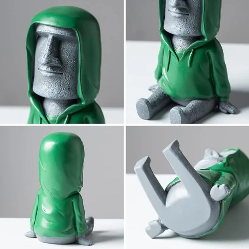 Miniatura 4 de Decoración de estatua Moai de Isla de Pascua con soporte para teléfono inteligente, escultura de figura retro para oficina en casa con soporte