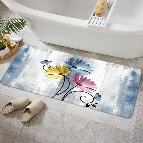 Miniatura 24 de Alfombra de Baño Rústica de Granja, Alfombra de Baño de Madera de Campo con Flores de Margaritas Moradas, Mariposas y Estilo Campestre, Alfombra