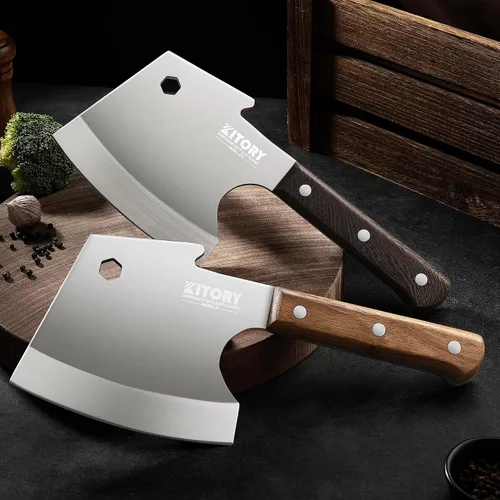 Miniatura 6 de Kitory Cuchilla de carne, cuchillo de corte de huesos resistente, hoja súper gruesa en forma de hachas de espiga completa, rompe huesos, cuchillo