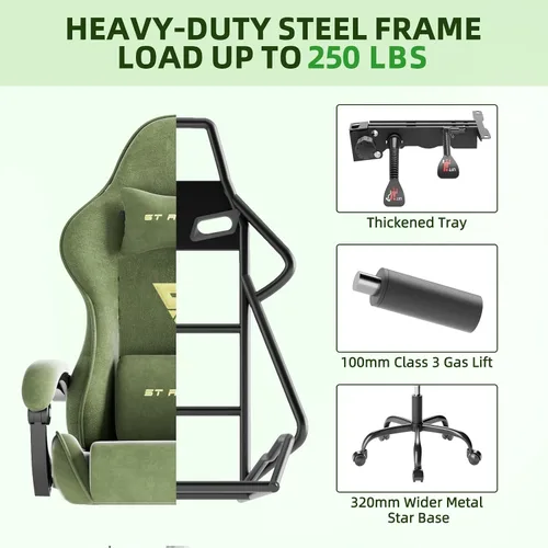 Miniatura 9 de Huracan Silla de juegos de tela de terciopelo con reposapiés para adultos, sillas ergonómicas para juegos con base de masaje, silla reclinable