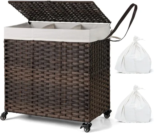 Miniatura 11 de GOFLAME Cesta de lavandería con tapa y ruedas, cesta de ratán tejida a mano de 125 litros con 3 secciones divididas, asas, 2 bolsas extraíbles