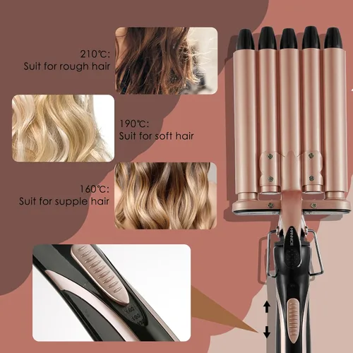Miniatura 4 de Crimpadoras y onduladoras de cabello de 5 barriles, de calor rápido, varita portátil de 0.591 in para cabello largo, rizador ondulado de temperatura
