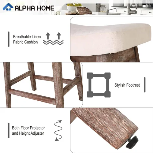 Miniatura 5 de ALPHA HOME Taburete de bar, taburete de cocina de silla de montar de madera maciza con cojín de tela de lino beige, taburete de bar de altura