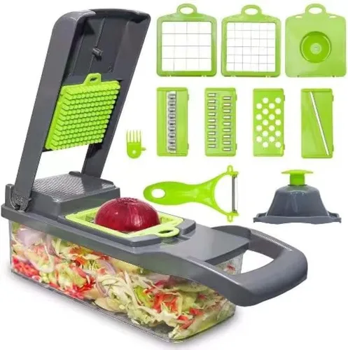 Picador de Verduras: Picador de Alimentos 16 en 1 - Rebanador Cortador Picador de Verduras y Cebolla, Cortador de Verduras con Contenedor, 7 Gris