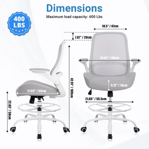 Miniatura 2 de HYLONE Silla de dibujo alta de oficina con reposabrazos abatibles, silla ergonómica para computadora con soporte lumbar, reposapiés ajustable, Gris