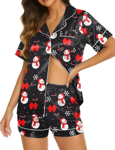 Miniatura 22 de Ekouaer Pijamas de seda para mujer, ropa de dormir de manga corta, suave, con botones, ropa de descanso, 2 piezas, pijama de satén, conjunto