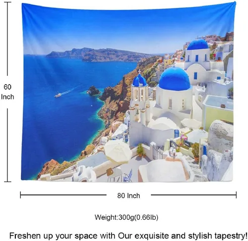 Miniatura 3 de ASOCO Tapiz de Santorini para colgar en la pared, hermoso pueblo, isla Santorini, isla Santorini, hito de la naturaleza y Europa, tapiz de pared