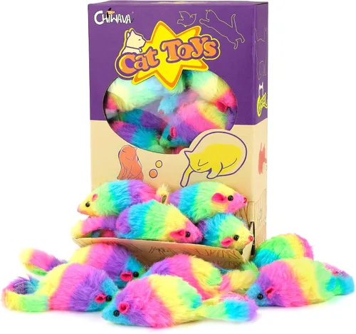 Miniatura 10 de CHIWAVA 36 ratones de juguete de gato peludo de color arcoíris de 1.8 pulgadas con sonajero gatito ratón juego interactivo