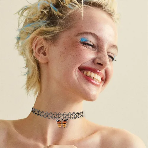 Miniatura 3 de Gargantilla de tatuaje negro para mujer, collar de mariposa de encaje bohemio hecho a mano, estilo gótico, estilo retro estilo gótico, collar