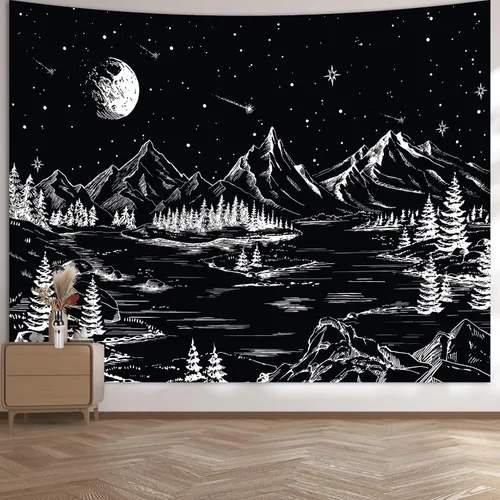 Miniatura 9 de Apdidl Tapiz en blanco y negro de noche estrellada, tapices de montaña para dormitorio, tapiz estético de luna y estrellas, tapiz de pared