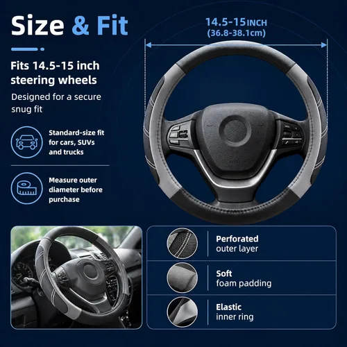 Miniatura 4 de Elantrip Funda de volante de cuero deportivo 14 1/2 pulgadas a 15 pulgadas universal, acolchada, de agarre suave y transpirable para coche, camión