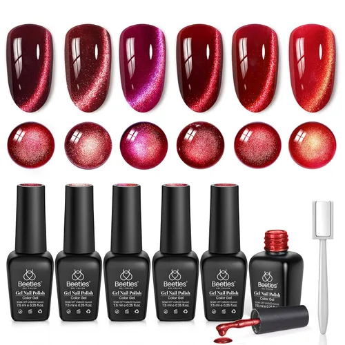 Miniatura 55 de Beetles - Juego de esmalte de uñas de gel de 6 colores, ojo de gato plateado, gel transparente rojo, rosa, amarillo, verde, negro, con efecto