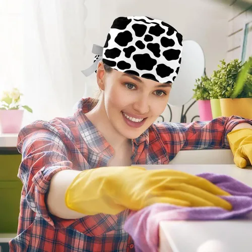 Miniatura 5 de DHH166 2 paquetes de gorras de trabajo con botones, banda para el sudor, gorras quirúrgicas ajustables para mujer, estampado de vaca impresa, Multi