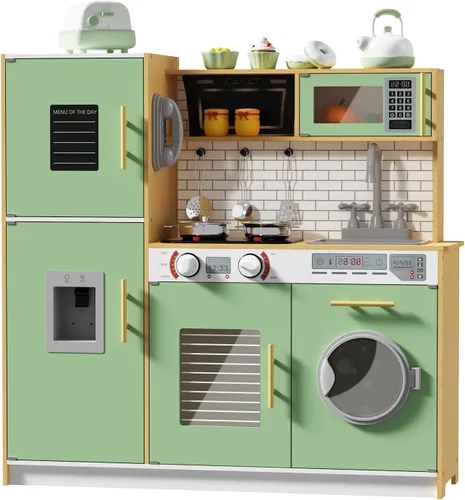 Miniatura 7 de Babytronic Juego de cocina de madera para niños, cocina de juego interactiva con luces y sonidos, juego de cocina de juguete para niños con grifo