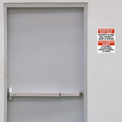 Miniatura 2 de SmartSign Letrero bilingüe "Solo salida de emergencia: la alarma de seguridad sonará si la puerta está abierta", plástico de 10 x 14 pulgadas
