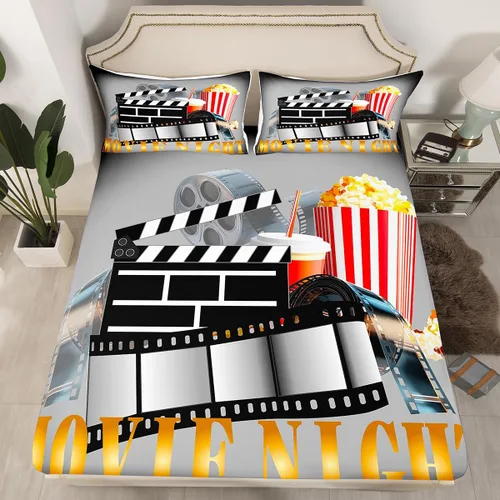 Miniatura 7 de Erosebridal Sábana bajera ajustable de noche de cine tamaño individual para niños y niñas, decoración de cine en casa, sábanas para amantes