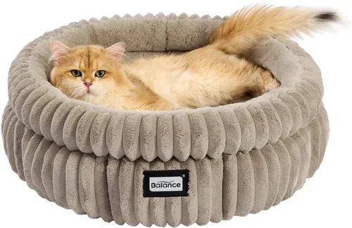 Miniatura 11 de BALANCE Cama para gatos, cama redonda lavable para gatos de interior, cama de felpa súper suave de piel sintética para cachorros y gatitos con parte