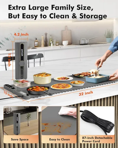 Miniatura 7 de Tapete de calentamiento para alimentos, calentador eléctrico de alimentos de calentamiento rápido con 9 niveles de temperatura y temporizador de 6