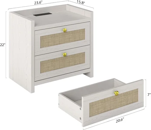 Miniatura 3 de LubanNese Juego de 2 mesitas de noche de 23.6 pulgadas, mesa de noche de madera bohemia con estación de carga para dormitorio, mesitas de noche