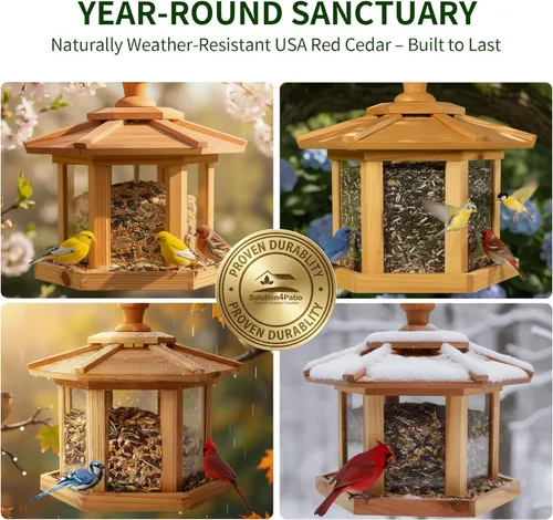 Miniatura 7 de Solution4Patio - Comedero para pájaros para exteriores, comedero tipo gazebo hexagonal de cedro de Estados Unidos con bandeja de malla ventilada