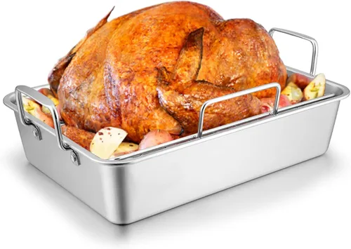 Miniatura 8 de Sartén para asar con estante para pavo y pollo, sartén para asar de acero inoxidable Joyfair y estante en V para horno tostador, utensilio de horneo