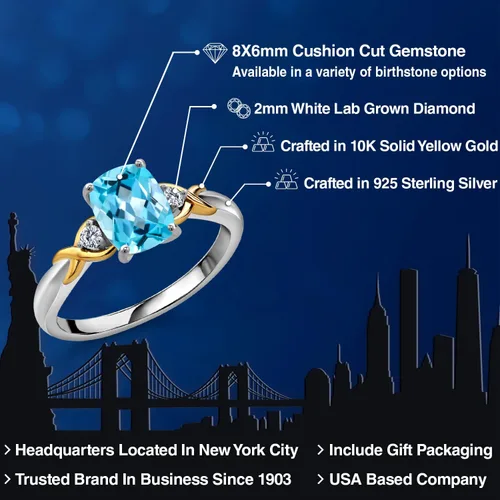 Miniatura 39 de Gem Stone King Anillo de compromiso de 3 piedras preciosas de plata 925 y oro amarillo de 10 quilates de 0.315 x 0.236 in de talla cojín y diamante