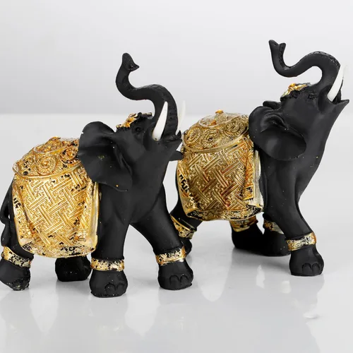 Miniatura 5 de Juego de decoración de elefante de la suerte con troncos – Feng Shui resina negro y dorado pareja elefante figuritas – Par de estatuas de elefantes