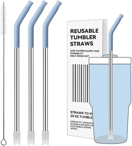 Miniatura 51 de Pajitas de metal rectas para vaso Stanley de 40 onzas, paquete de 3 popotes reutilizables de acero inoxidable con puntas de silicona y cepillo Gris