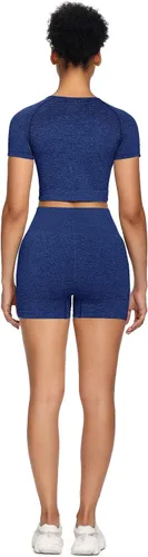 Miniatura 6 de Sytiz Conjunto de 2 piezas de yoga sin costuras para mujer, pantalones cortos de gimnasio y camiseta corta de manga corta