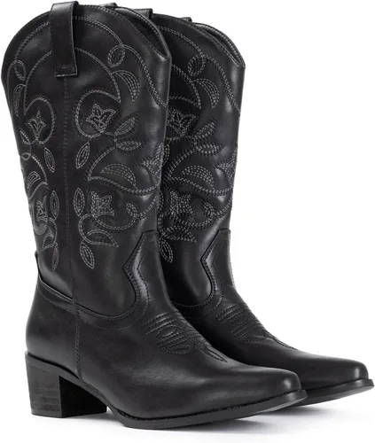 Miniatura 5 de IUV - Botas de cowboy para mujer, con punta puntiaguda, botas vaqueras occidentales para mujer, botas de vaquera a media pantorrilla
