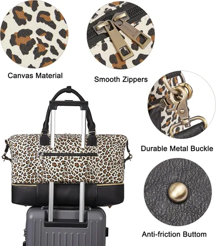 Miniatura 6 de CLUCI Bolsa de fin de semana para mujer, de cuero, grande, con compartimento para zapatos, Patrón de leopardo con negro
