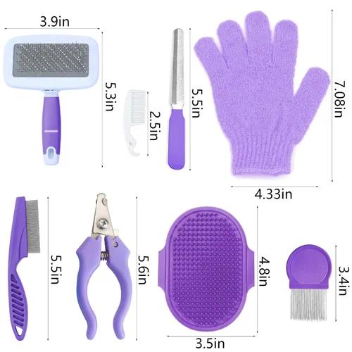 Miniatura 2 de VCZONE Kit de aseo para animales pequeños de 8 piezas, kit de aseo para conejos con cortaúñas y lima para mascotas, peine antipulgas, cepillo
