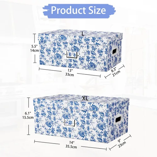 Miniatura 2 de Briful Juego de 2 cajas de almacenamiento de porcelana azul y blanca con tapas, elegantes cubos organizadores de anidación floral, juego de cajas