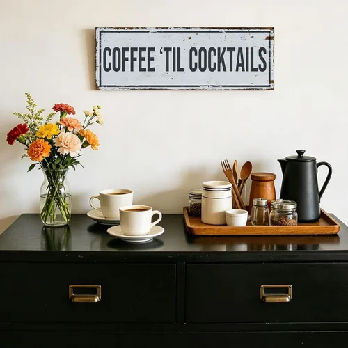 Miniatura 3 de Funny Coffee Signs for Kitchen Decor, Rustic Coffee Til Cocktails Canvas Wall Art for Home Bar Cart Station, 6x17" Framed