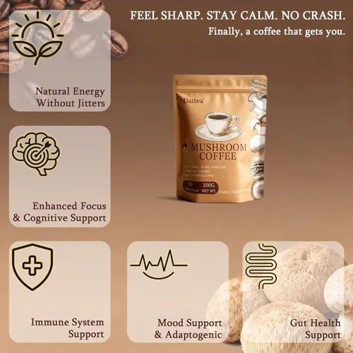 Miniatura 4 de Café de hongos, 10.58 onzas de café instantáneo de hongos adaptogénicos en polvo, melena de león, reishi, cola de pavo, cordyceps, trompeta King