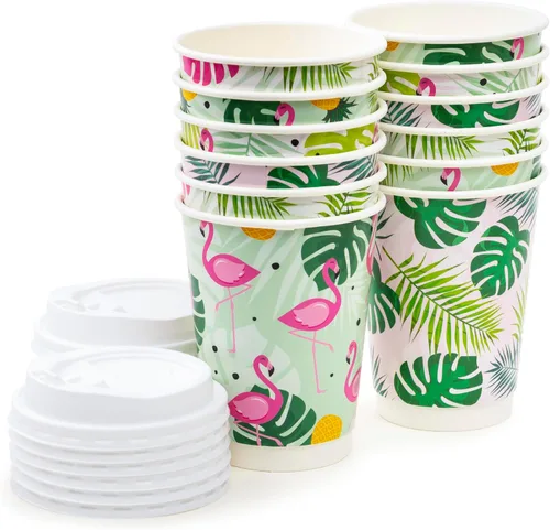 Miniatura 3 de ROYAL BLUEBONNET 48 tazas de café de papel de flamenco con tapas, 12 onzas, lindas tazas de café desechables con tapas con 4 diseños diferentes