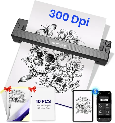 Impresora de plantillas de tatuajes 2026, impresora Bluetooth inalámbrica portátil térmica, para artistas de tatuajes y principiantes, con papel de