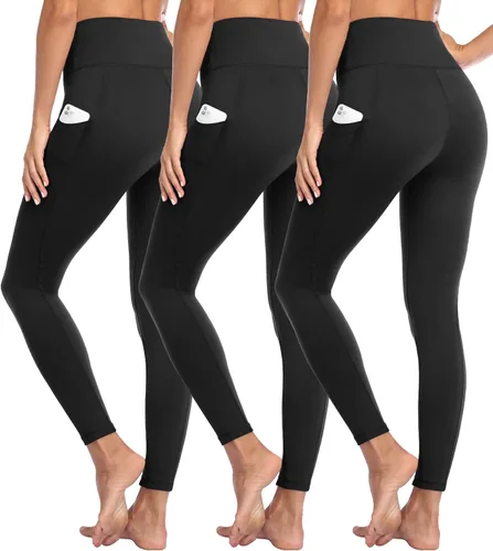 GAYHAY Paquete de 3 leggings con bolsillos para mujer, cintura alta, control de abdomen, pantalones suaves para entrenamiento, gimnasio, yoga