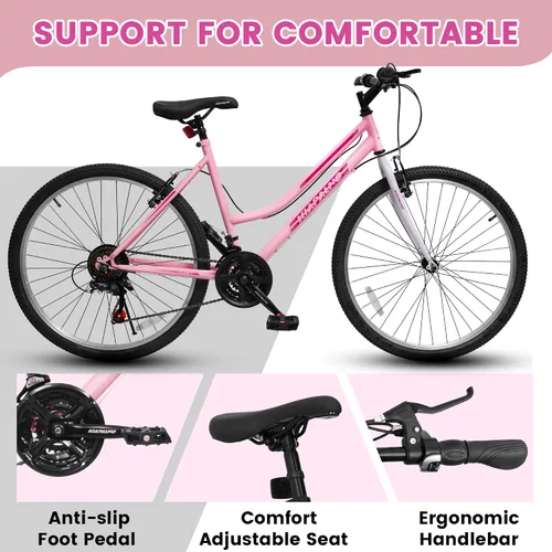 Miniatura 7 de Ecarpat Bicicleta de montaña para niñas y mujeres, 24/26 pulgadas, 21 velocidades, regalos de viaje de verano, bicicletas de freno en V femenino